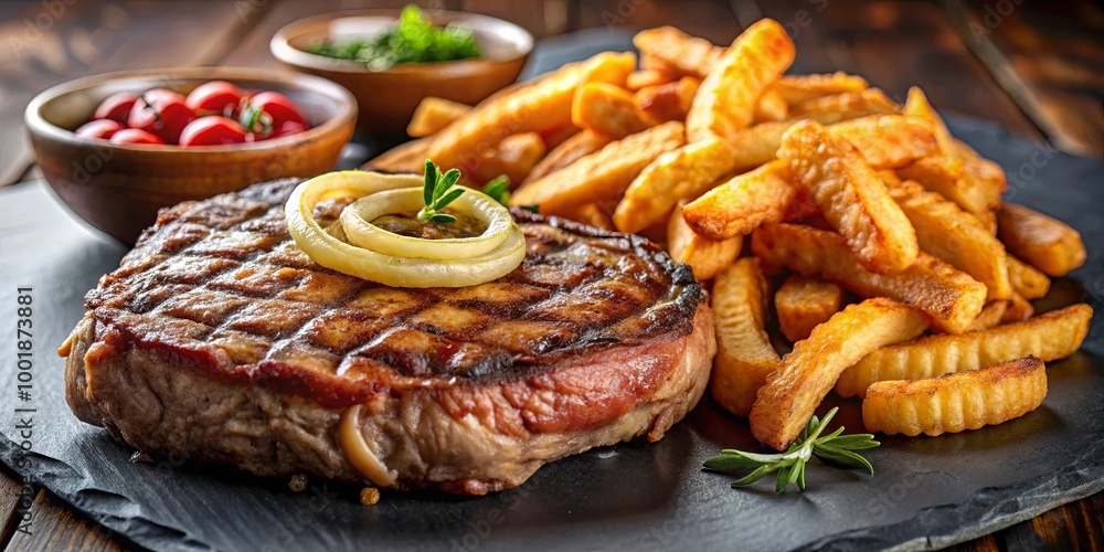 A perfectly grilled steak topped with onion rings and served with a generous portion of golden brown fries. A perfectly grilled steak topped with onion rings and served with a generous portion of golden brown fries.