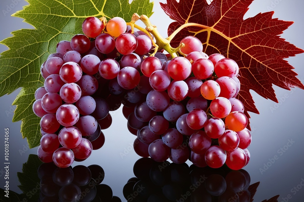 Vibrant Grapes with Stunning Details on a Reflective Surface Vibrant Grapes with Stunning Details on a Reflective Surface