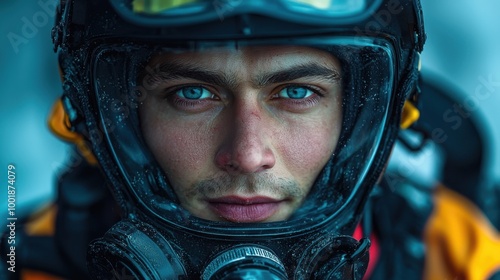 A close-up of a young diver with striking blue eyes wearing a diving mask and wetsuit in a cold underwater environment photo