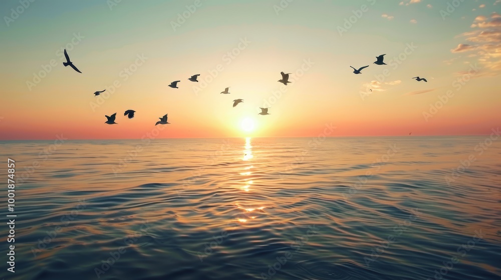 Fototapeta premium Flock of Birds Flying Over Calm Water at Sunset