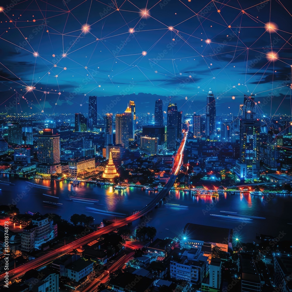 Nighttime Cityscape with Illuminated Buildings and a River Nighttime Cityscape with Illuminated Buildings and a River