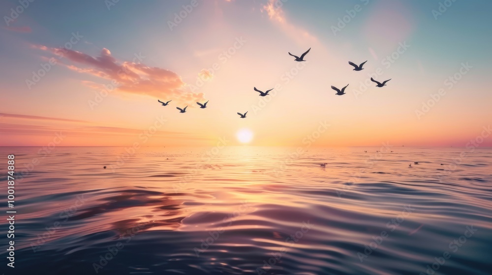 Obraz premium Peaceful Sunset with Birds Flying in Formation