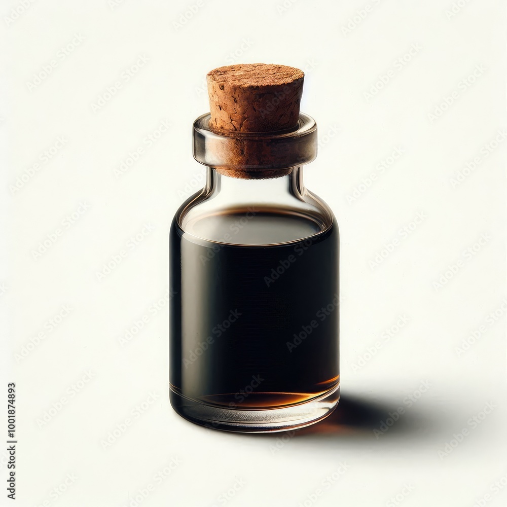 Small glass bottle with dark liquid inside and cork stopper isolated on a white background Small glass bottle with dark liquid inside and cork stopper isolated on a white background
