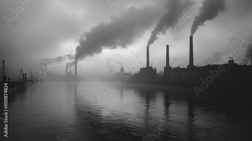 Industrial Landscape with Smokestacks and Foggy River