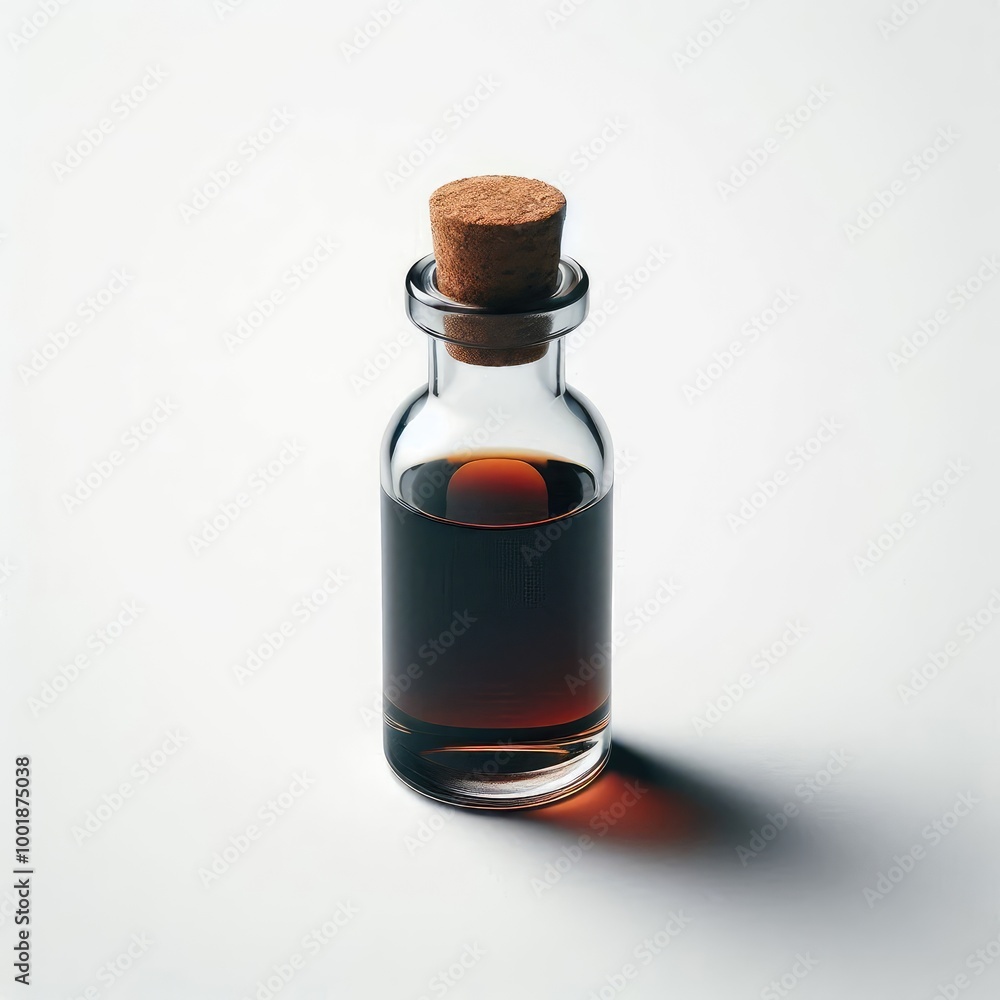 Small glass bottle with dark liquid inside and cork stopper isolated on a white background Small glass bottle with dark liquid inside and cork stopper isolated on a white background