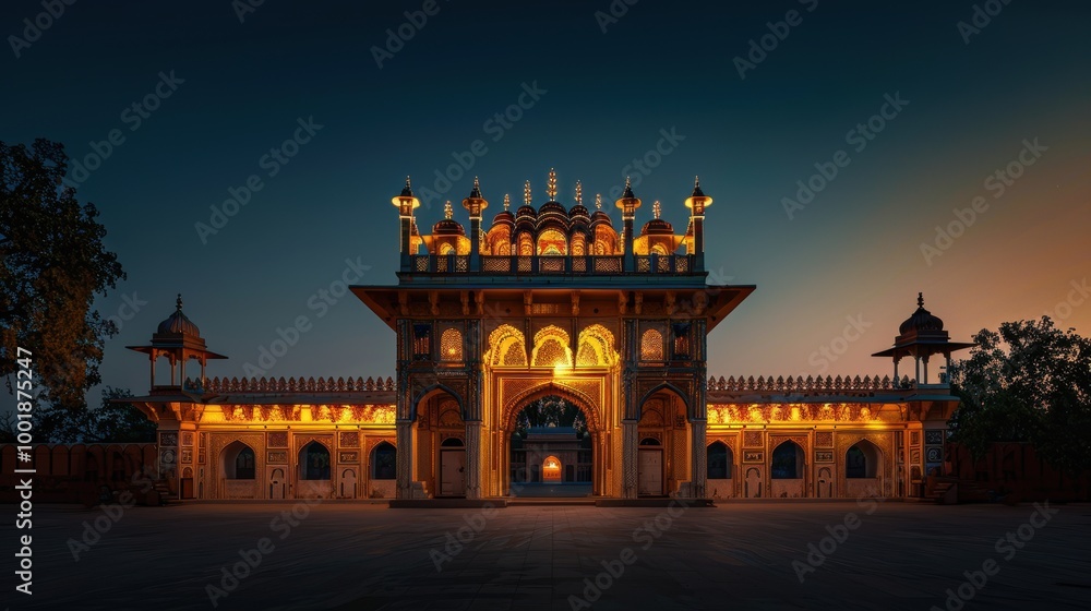 Naklejka premium Illuminated Golden Gates of an Ancient Palace at Dusk