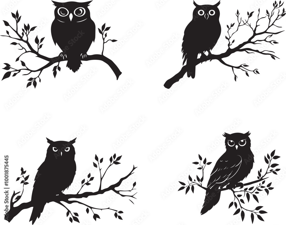 Obraz premium Silhouette of an owl perched on a branch, happy halloween vector