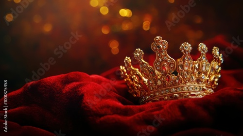 Ornate Golden Crown on Red Velvet Pillow photo