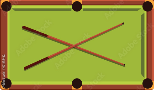 Fotografie Two cues are lying crossed on the green baize of a pool table, ready for a game