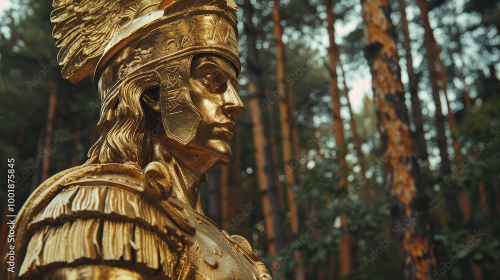 Obraz premium Weathered Golden Warrior Statue in Serene Forest Setting