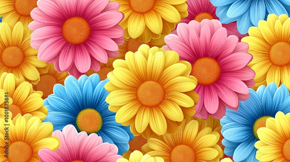 Fototapeta premium A vibrant floral tapestry of pink, yellow, and blue blossoms, showcasing the beauty and diversity of nature's artistry