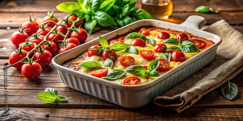 Wallpaper Mural Baked Lasagna with Tomato and Basil Topping in a White Baking Dish on a Rustic Wooden Table Torontodigital.ca