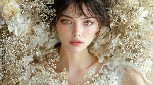 A young woman surrounded by delicate flowers, showcasing beauty and elegance in a soft, romantic setting