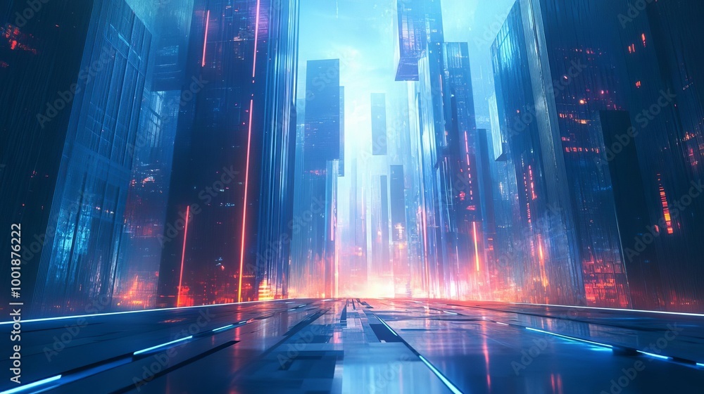 A futuristic cityscape with glowing skyscrapers and neon lights. The city is bathed in a blue and red light, creating a surreal and otherworldly atmosphere. A futuristic cityscape with glowing skyscrapers and neon lights. The city is bathed in a blue and red light, creating a surreal and otherworldly atmosphere.
