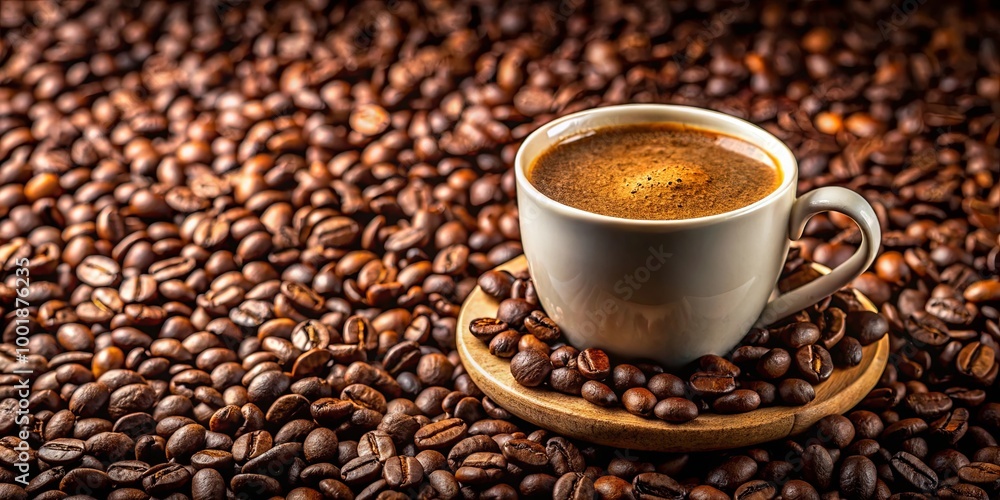 A cup of coffee with crema resting on a wooden saucer surrounded by coffee beans A cup of coffee with crema resting on a wooden saucer surrounded by coffee beans