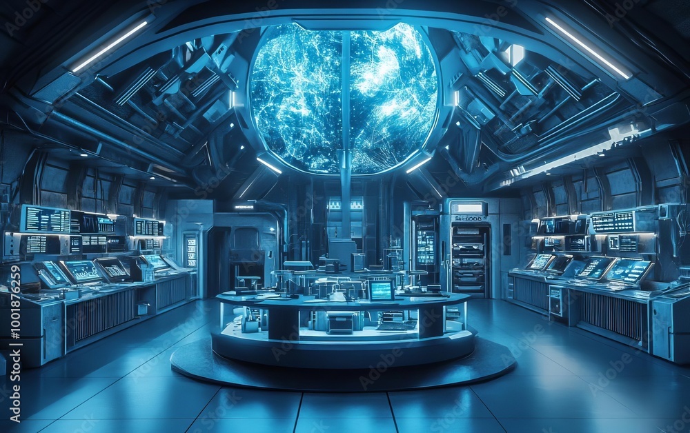 Fototapeta premium A futuristic laboratory with a glowing orb suspended above a central console. Blue light illuminates the room.