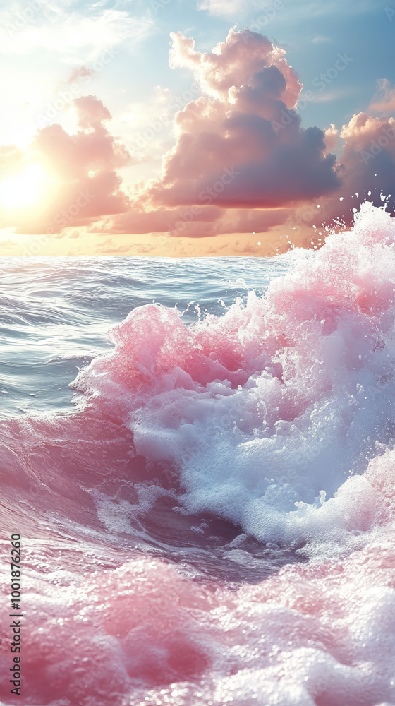 Fototapeta premium Pink-hued wave crashing in the ocean at sunset