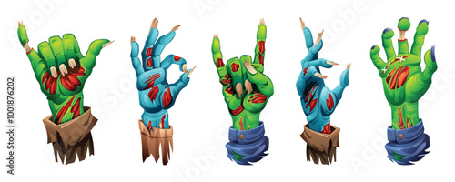 Creepy zombie hands with claws and torn flesh, in various horror gestures. Vector cartoon illustration