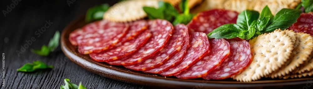 Delicious Sliced Salami and Crackers on a Wooden Platter with Fresh Basil Leaves Delicious Sliced Salami and Crackers on a Wooden Platter with Fresh Basil Leaves