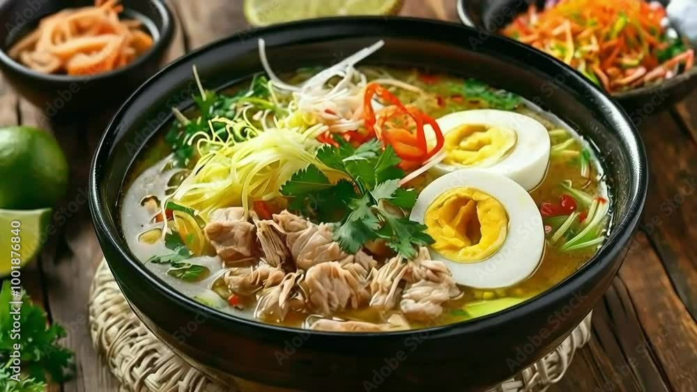 A Bowl of Delicious Chicken Noodle Soup with Egg and Vegetables A Bowl of Delicious Chicken Noodle Soup with Egg and Vegetables