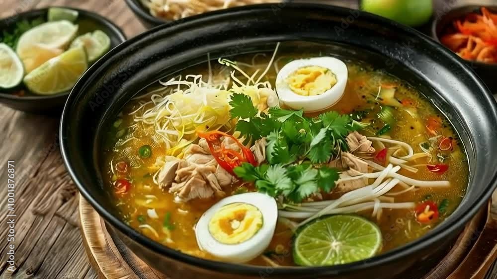 Delicious Chicken Noodle Soup with Egg, Lime, and Cilantro, served on black bowl Delicious Chicken Noodle Soup with Egg, Lime, and Cilantro, served on black bowl