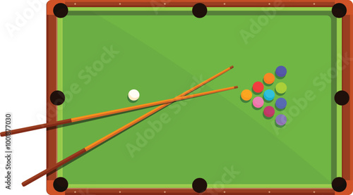 Top view of a green pool table with balls and cues ready for playing billiard game