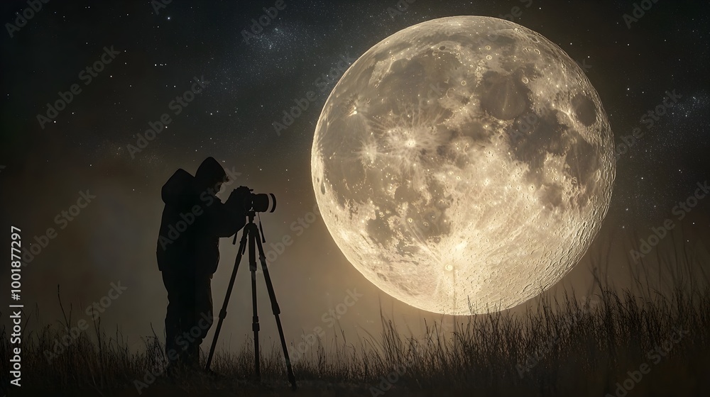 A captivating scene featuring a photographer in a dimly lit area, intently adjusting a high-resolution digital camera aimed at the moon hanging prominently in the night sky. The moon is brilliantly A captivating scene featuring a photographer in a dimly lit area, intently adjusting a high-resolution digital camera aimed at the moon hanging prominently in the night sky. The moon is brilliantly