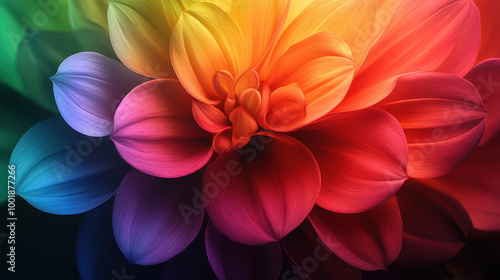 Vibrant abstract floral arrangement in rainbow gradient, showcasing blend of colors that evoke joy and creativity. petals display stunning array of hues, creating captivating visual experience