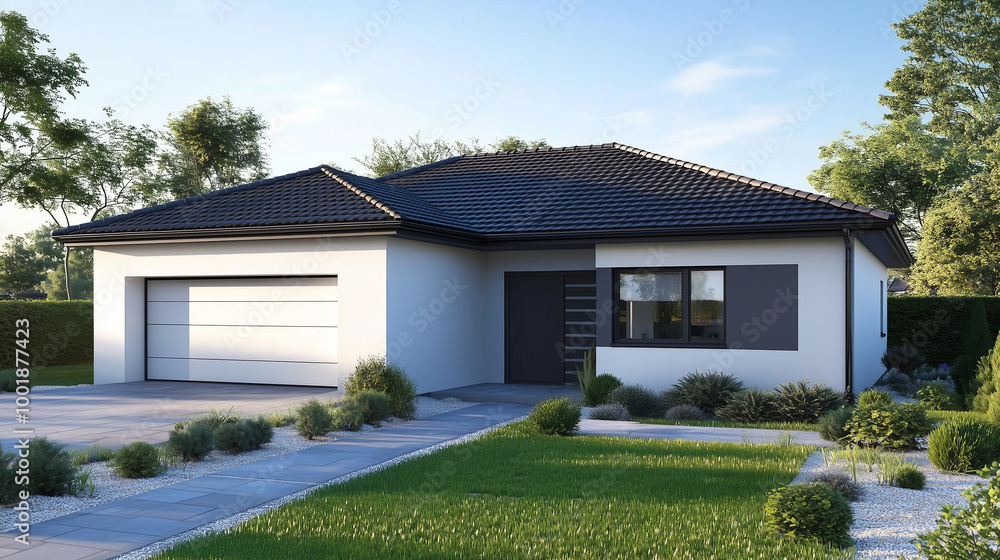 Minimalist beautiful family home with garage. Exterior design. Minimalist beautiful family home with garage. Exterior design.