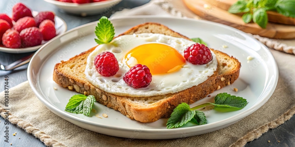 A sunny-side up egg with a perfectly runny yolk, nestled in a toasty slice of bread, adorned with fresh raspberries and sprigs of mint, a delightful culinary masterpiece A sunny-side up egg with a perfectly runny yolk, nestled in a toasty slice of bread, adorned with fresh raspberries and sprigs of mint, a delightful culinary masterpiece