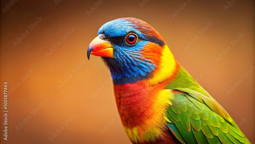 A vibrant bird with blue, red, yellow, and green feathers, a striking red eye, and a bright orange beak. A vibrant bird with blue, red, yellow, and green feathers, a striking red eye, and a bright orange beak.