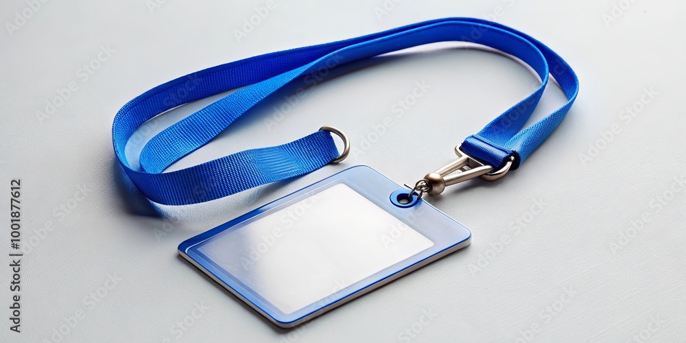Blank blue lanyard with a silver clasp and a blue plastic card holder for identification Blank blue lanyard with a silver clasp and a blue plastic card holder for identification