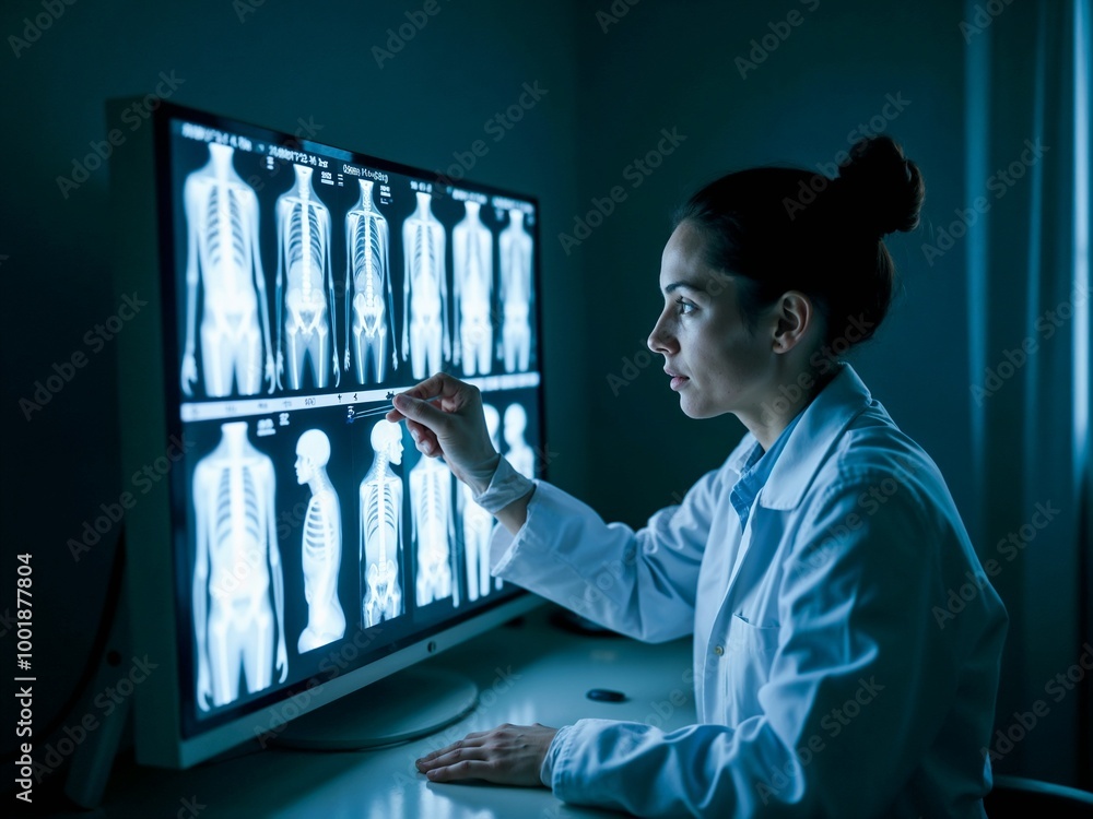A medical professional reviews a series of X-ray images shown on a large screen, indicating an in-depth examination and analysis of the skeletal system for diagnostic purposes. A medical professional reviews a series of X-ray images shown on a large screen, indicating an in-depth examination and analysis of the skeletal system for diagnostic purposes.