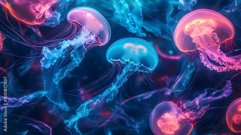 Fototapeta premium A mesmerizing scene of glowing jellyfish gracefully swimming through a vibrant ocean filled with swirling hues of blue, pink, and purple light. The jellyfish pulsate with bioluminescent colors,