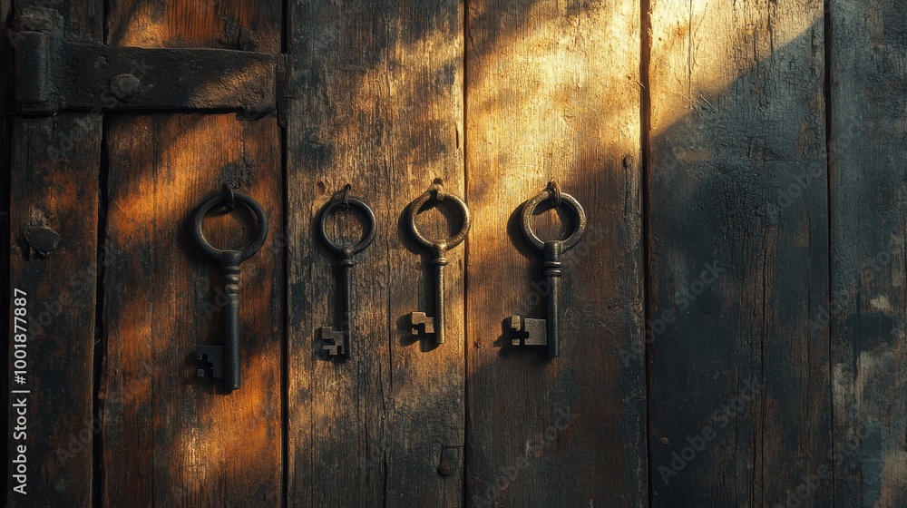 Fototapeta premium Old Iron Keys Hanging on Rustic Wooden Wall