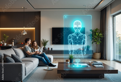 A couple relaxes in their living room, interacting with a futuristic hologram on their coffee table, symbolizing advanced technology and modern comfort. photo