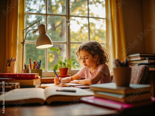 A young girl is focused on her studies in a cozy room filled with books and natural light, creating a warm and inviting atmosphere for learning. photo