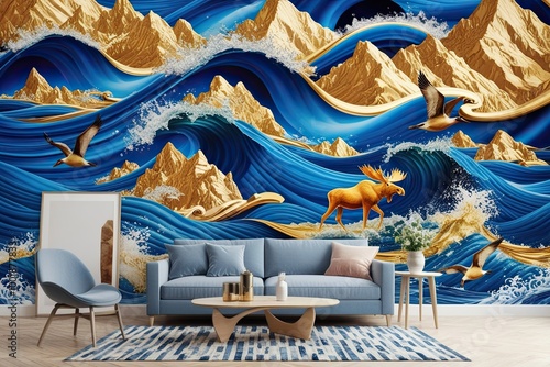 Stunning 3D Dynamic Mural Wallpaper Design with Royal Blue and Gold Waves Featuring Towering Mountains, Golden Moose, and Diving Birds photo