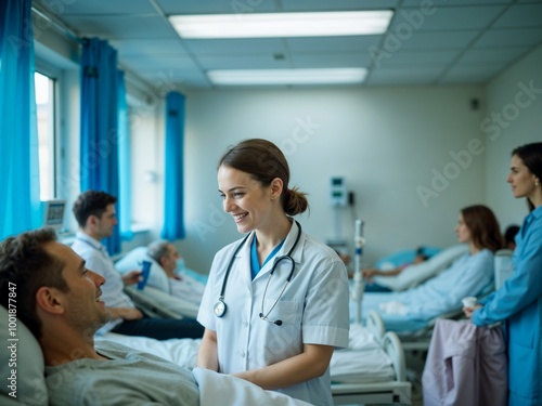 A compassionate nurse tends to patients in a bright hospital ward, creating an atmosphere of care and professionalism as she communicates with those in her care.