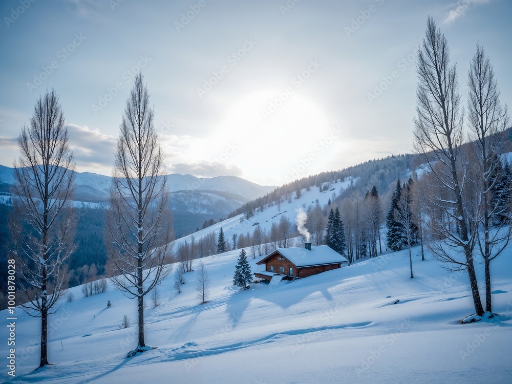 A beautiful snow-covered landscape at sunset featuring a cozy house surrounded by tall trees, providing a serene and peaceful winter scene perfect for relaxation and reflection. A beautiful snow-covered landscape at sunset featuring a cozy house surrounded by tall trees, providing a serene and peaceful winter scene perfect for relaxation and reflection.