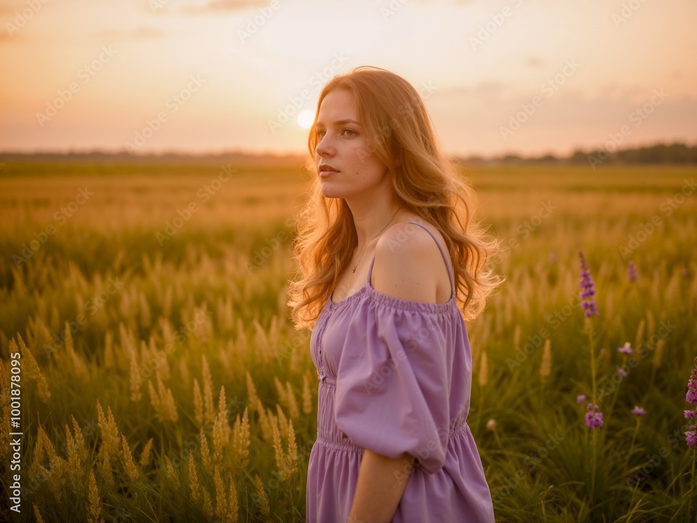 Obraz premium A serene image of a young woman standing in a grassy field during sunset, enveloped in golden hues, portraying tranquility, beauty, and contemplation.