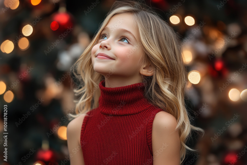 Caucasian girl wearing red knit sweater with copy space for christmas background Caucasian girl wearing red knit sweater with copy space for christmas background