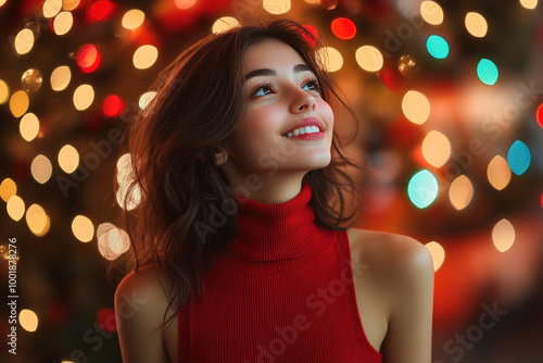 French girl wearing red knit sweater with copy space for christmas background