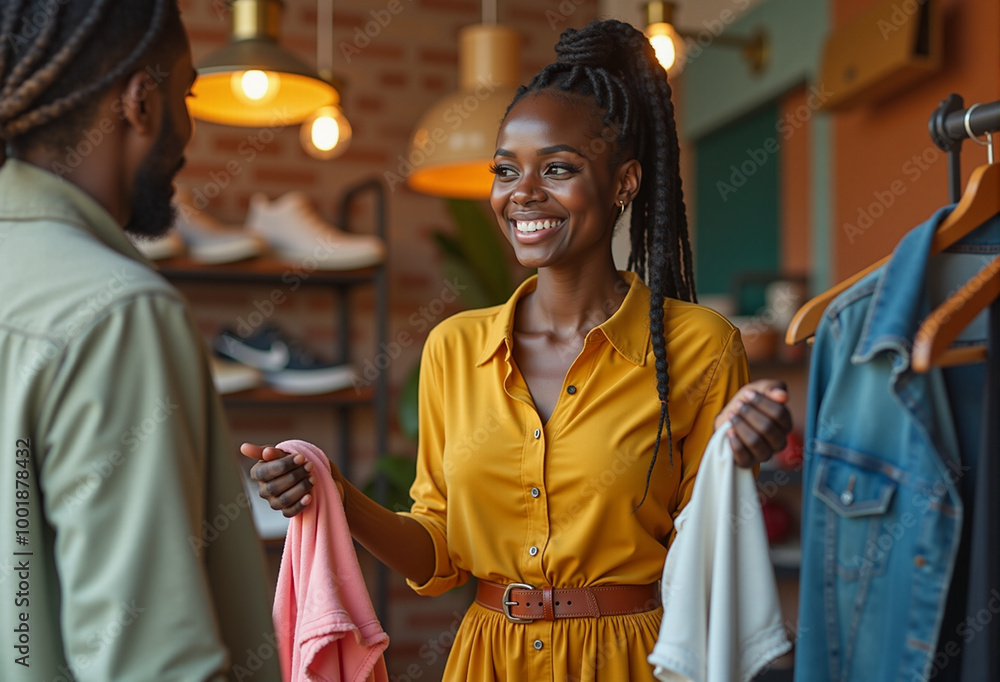 Fototapeta premium A cheerful saleswoman in a yellow dress holds clothes while assisting a customer in a trendy boutique, with modern lighting and brick walls, creating a warm feel.