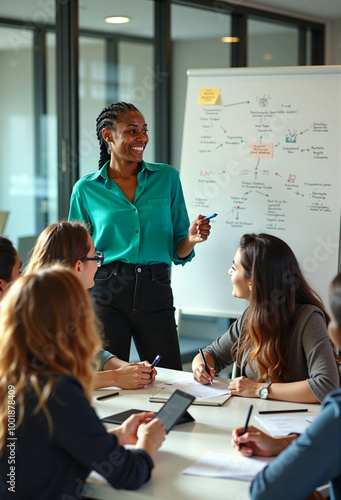 A determined female leader in a green blouse conducts an interactive session with a team at a meeting table, discussing plans outlined on a whiteboard in a bright room.