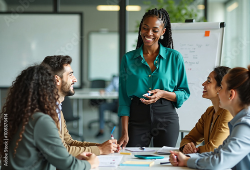 A confident team leader in a teal blouse enthusiastically guides a diverse group through a strategic planning session at an office, with a whiteboard full of ideas.