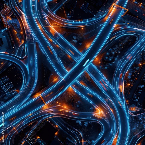 Aerial View of Complex Highway Network at Night photo