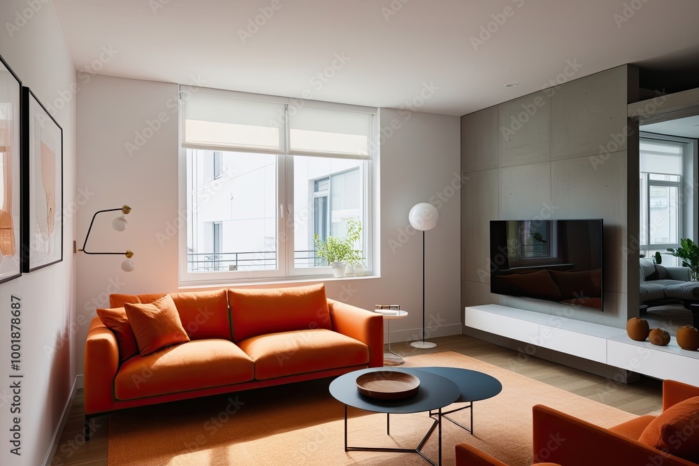 Minimalist Interior Design of a Living Space with an Orange Couch by a Sunlit Window Minimalist Interior Design of a Living Space with an Orange Couch by a Sunlit Window