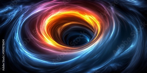 Abstract swirling vortex of fire and ice, a cosmic dance of contrasting elements in a dark abyss.