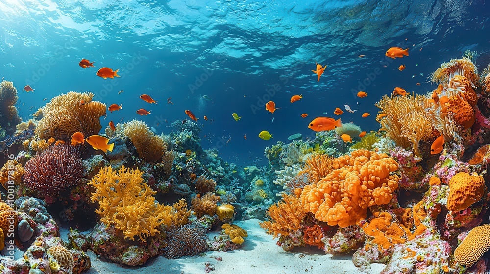 Fototapeta premium Vibrant Coral Reef Underwater Scene with Colorful Fish